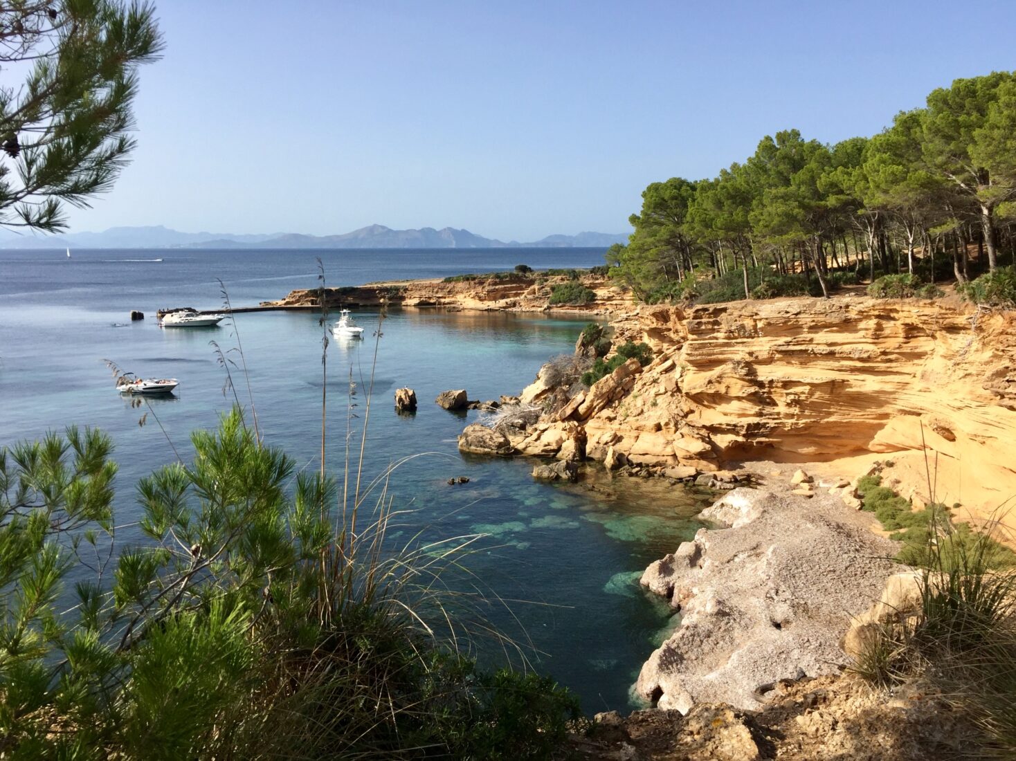 Zerklüftete Küste mit Blick auf die Bucht Es Caló