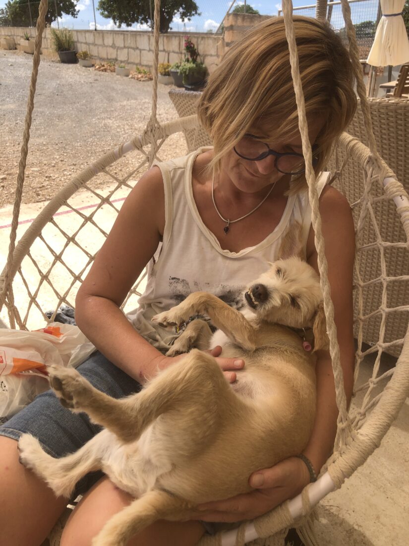 Ehrenamtlerin Steffi kuschelt mit unserer Tierschutzhündin Ginger